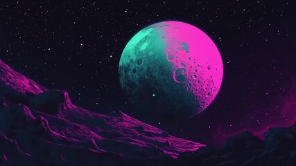 Wall Mural - Neon space landscape with a large moon