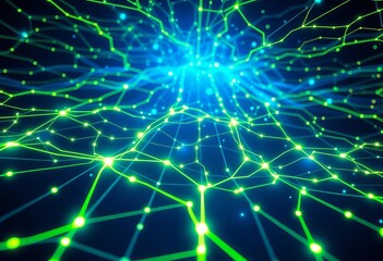 Wall Mural - Abstract blue and green digital grid, glowing lines forming futuristic network, ample copy space,  abstract,  high tech