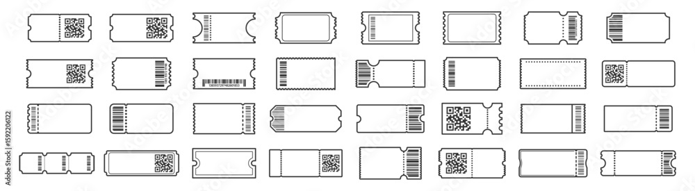 Ticket template set with QR code and barcode. Collection of blank ...