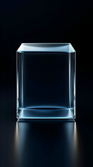 Wall Mural - Clear glass cube,  illuminated from below,  on dark background.  Detailed view of a transparent,  modern cube,  light subtly reflecting within
