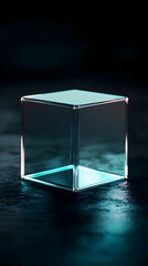 Wall Mural - Empty, transparent cube, teal-blue glow, dark background