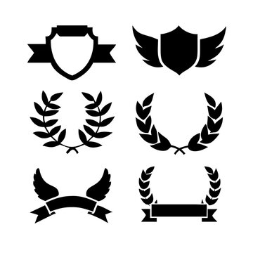 Vintage educational coat of arms set with university college and academy elements isolated vector illustration. Laurel wreaths, shields, ribbons illustration for awards,badges, and branding designs
