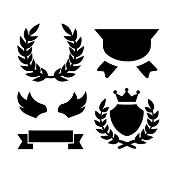 Vintage educational coat of arms set with university college and academy elements isolated vector illustration. Laurel wreaths, shields, ribbons illustration for awards,badges, and branding designs
