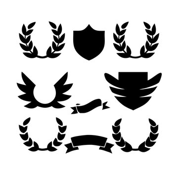 Vintage educational coat of arms set with university college and academy elements isolated vector illustration. Laurel wreaths, shields, ribbons illustration for awards,badges, and branding designs
