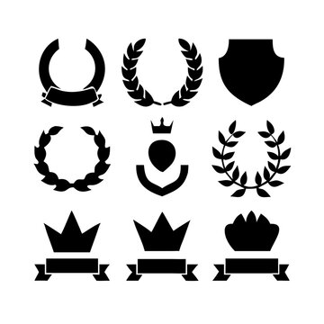 Vintage educational coat of arms set with university college and academy elements isolated vector illustration. Laurel wreaths, shields, ribbons illustration for awards,badges, and branding designs
