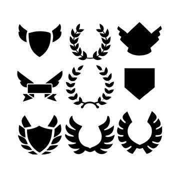 Vintage educational coat of arms set with university college and academy elements isolated vector illustration. Laurel wreaths, shields, ribbons illustration for awards,badges, and branding designs
