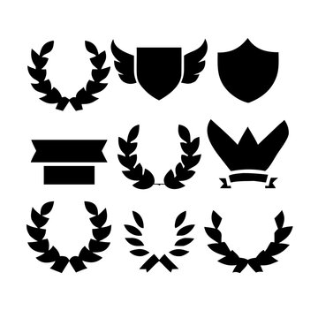 Vintage educational coat of arms set with university college and academy elements isolated vector illustration. Laurel wreaths, shields, ribbons illustration for awards,badges, and branding designs
