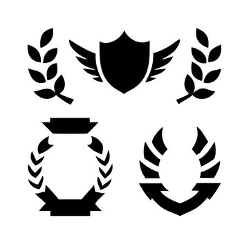 Vintage educational coat of arms set with university college and academy elements isolated vector illustration. Laurel wreaths, shields, ribbons illustration for awards,badges, and branding designs
