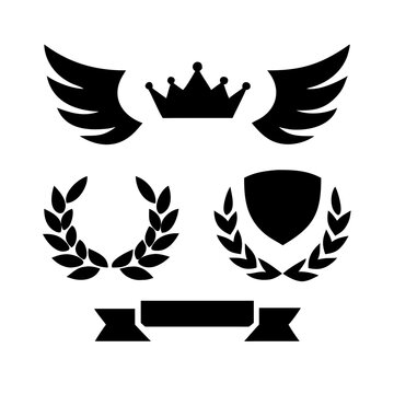 Vintage educational coat of arms set with university college and academy elements isolated vector illustration. Laurel wreaths, shields, ribbons illustration for awards,badges, and branding designs
