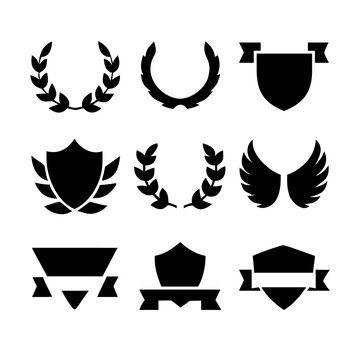 Vintage educational coat of arms set with university college and academy elements isolated vector illustration. Laurel wreaths, shields, ribbons illustration for awards,badges, and branding designs
