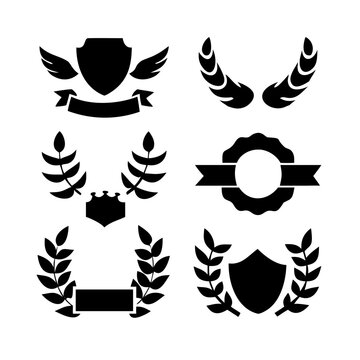 Vintage educational coat of arms set with university college and academy elements isolated vector illustration. Laurel wreaths, shields, ribbons illustration for awards,badges, and branding designs
