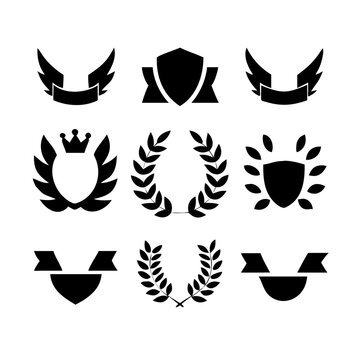 Vintage educational coat of arms set with university college and academy elements isolated vector illustration. Laurel wreaths, shields, ribbons illustration for awards,badges, and branding designs
