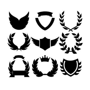 Vintage educational coat of arms set with university college and academy elements isolated vector illustration. Laurel wreaths, shields, ribbons illustration for awards,badges, and branding designs
