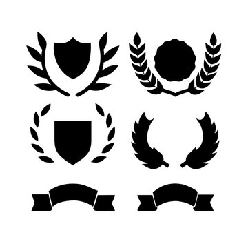 Vintage educational coat of arms set with university college and academy elements isolated vector illustration. Laurel wreaths, shields, ribbons illustration for awards,badges, and branding designs
