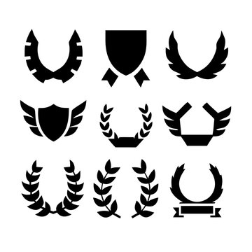 Vintage educational coat of arms set with university college and academy elements isolated vector illustration. Laurel wreaths, shields, ribbons illustration for awards,badges, and branding designs
