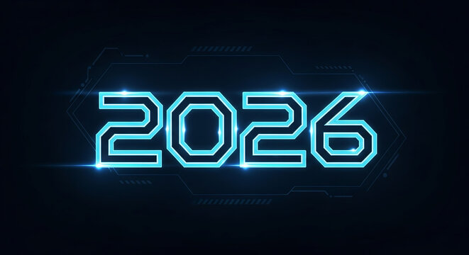 Futuristic Glowing Blue Neon Text 2026 on Dark Digital Background
