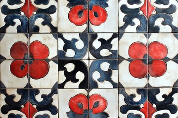 Poster - Close-up of a wall covered with decorative ceramic tiles featuring red flowers and blue ornaments, creating a vibrant and traditional pattern