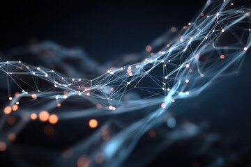 Poster - A network of interconnected white lines and dots with orange glowing orbs on a dark blue background