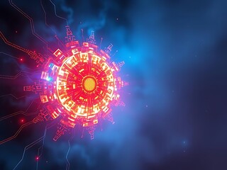Poster - A glowing red and orange futuristic technology core radiates energy in a blue and purple space