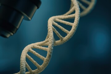 Poster - Detailed Close-Up of DNA Helix Structure Under Microscope with Futuristic Blue Background
