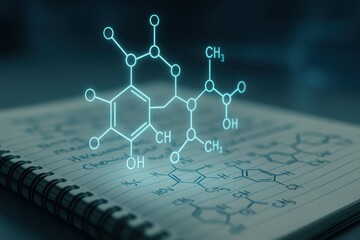 Poster - Molecular Structures on Notebook with Chemical Formulas and Transparent Digital Representation