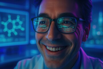 Poster - Smiling Scientist in Laboratory with High-Tech Displays and Colorful Data Visualizations