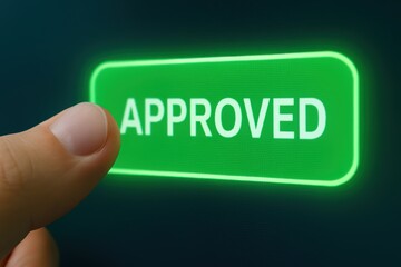 Poster - Hand Pressing Green Approved Button on Digital Screen in Bright Modern Office Environment