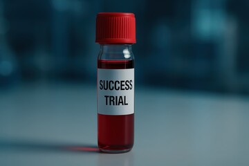 Poster - Success Trial Sample Bottle with Red Liquid Displayed on a Modern Laboratory Table