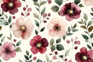 Poster - Seamless floral pattern featuring blooming pink and burgundy flowers with green leaves on a creamy white background