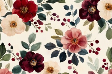 Poster - Elegant repeating floral design featuring burgundy, blush, and cream flowers with green foliage, creating a vintage botanical aesthetic