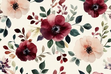 Poster - Seamless watercolor floral pattern showcasing burgundy and peach flowers, accented with green leaves, creating a delicate and romantic design