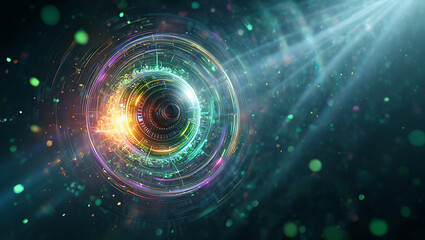 Poster - A vibrant abstract background features a futuristic circle design with colorful lights and bokeh effects, creating a dreamy and magical atmosphere