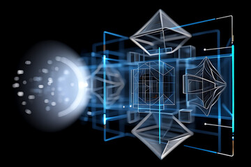Poster - A complex network of glowing geometric shapes creates an abstract futuristic design against a black background