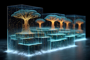 Poster - Trees encased in glowing digital cubes rise in layers, symbolizing the growth and evolution of technology and artificial intelligence