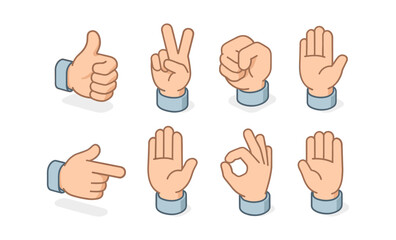 Poster - Illustrated hand gestures collection: thumbs up, peace, fist, open palm, pointing, ok signs