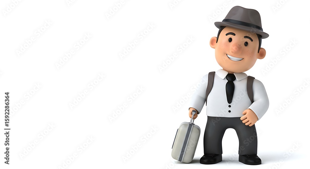 3d cartoon illustration, hispanic businessman in casual clothes and hat, confident and attractive, waiting with travel bag on railway platform, subject on right with white brilliance