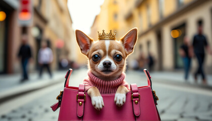  A petite dog in a pink outfit and crown poses in a fashion handbag