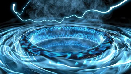Poster - Energetic swirling blue wave pattern with glowing circular design on black background