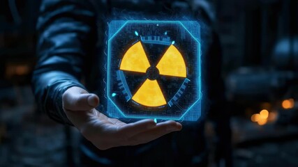 Poster - Futuristic Hand Holding Digital Radiation Symbol in Neon Glow with Dark Background