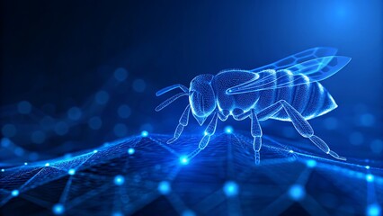 Blue digital wireframe honeybee rests atop glowing network in a futuristic scene