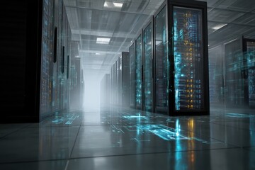 Poster - A long corridor filled with server racks and bright lights at the end of the hallway in a data center