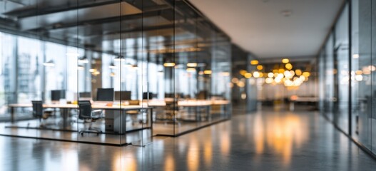 Blurred modern office interior with glass walls and white tables, chairs, computer screens, business background Blurred panoramic view of empty open space in the company headquarters Generative AI