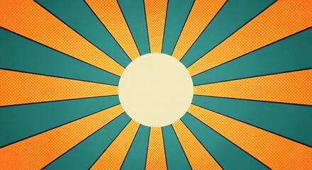 Poster - Retro-style sunburst graphic with alternating orange and teal rays emanating from a central beige circle, creating a vintage or psychedelic effect.