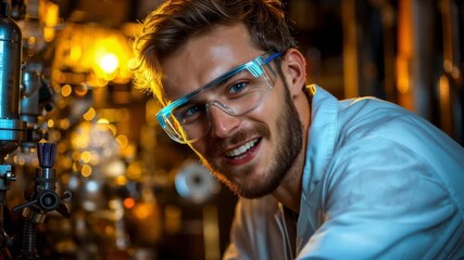 Poster - Young Scientist in Laboratory with Protective Glasses Analyzing Data and Conducting Research