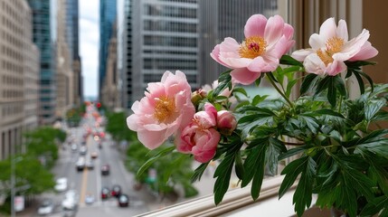 Poster - Pink peonies elegantly arranged in a glass vase, bringing color to a lively street infused with natural light