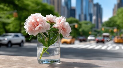 Poster - Pink peonies elegantly arranged in a glass vase, bringing color to a lively street infused with natural light