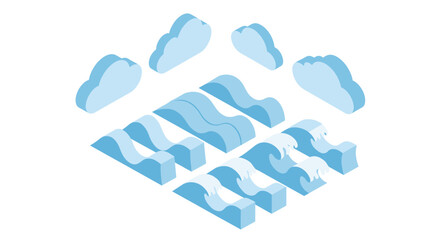 Aufkleber - Isometric arrangement of blue and white wave shapes and clouds on a white background scene view