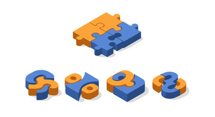 Fototapete - Isometric puzzle pieces in orange and blue forming various shapes on a white background above view