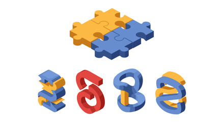 Poster - Isometric view of interconnected puzzle pieces and linked shapes in blue yellow and red colors