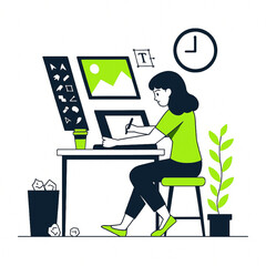 Poster - Young woman artist working on a digital artwork at a desk with design tools and a cup of coffee, showcasing creative process and modern design workspace, with a plant nearby and a clock on the wall